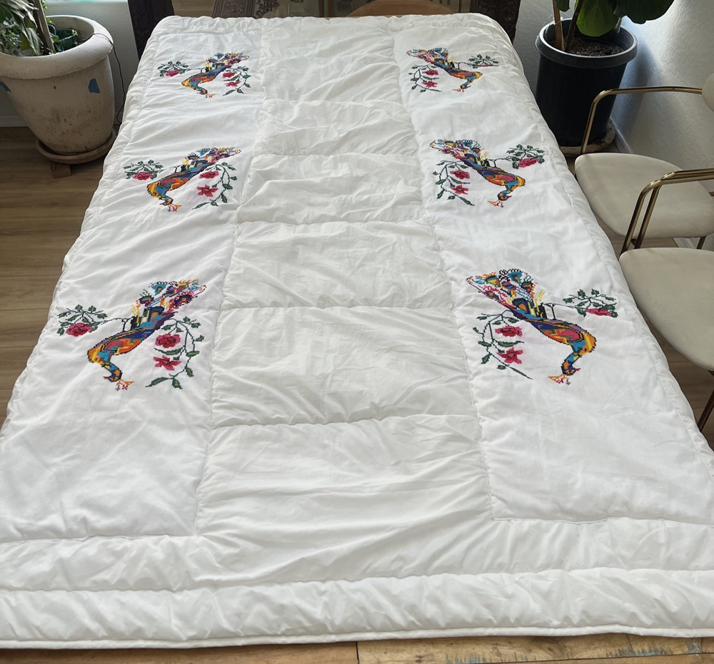 IKEA Grusblad White Duvet Insert Twin Added Cross-Stitch Peacock Motifs
